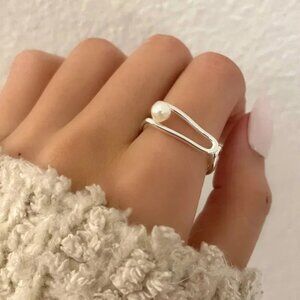 925 Sterling Silver Minimalist Geometric Pearl Ring Dainty Ring Modern Bar Ring